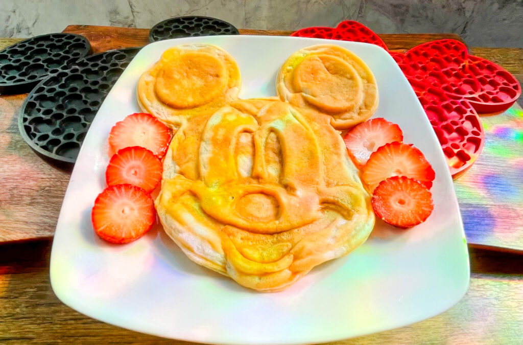 Image of Mickey Mouse shaped oat flour waffles.